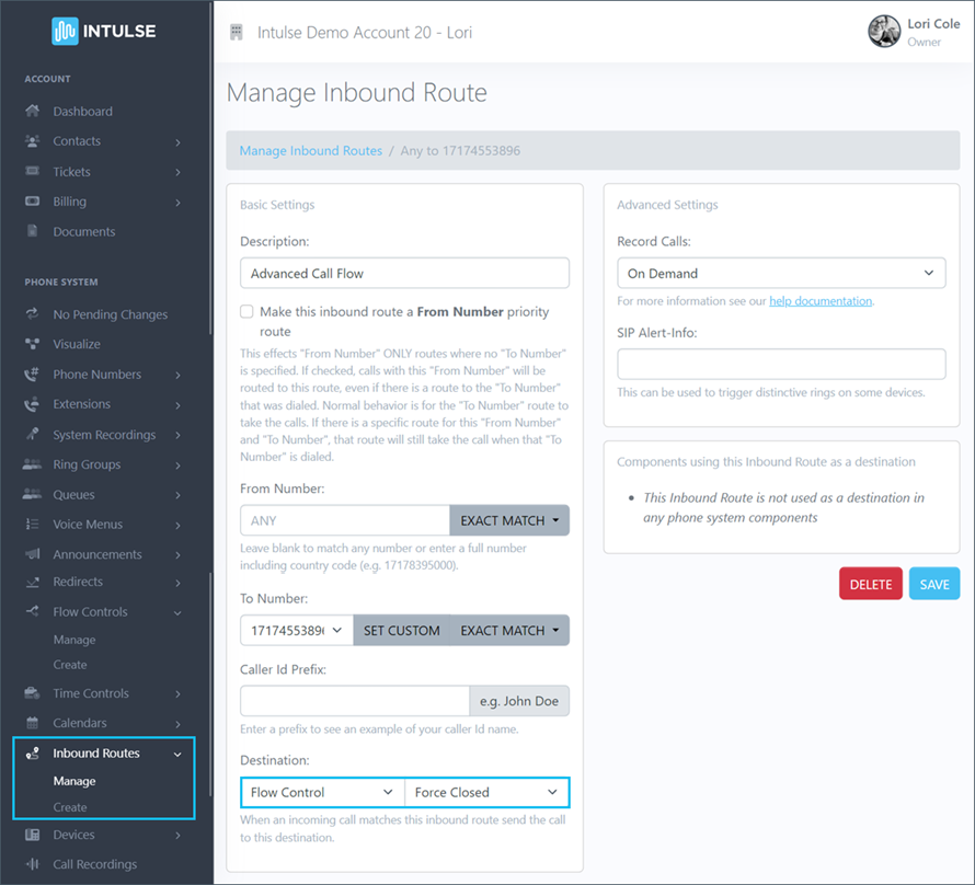 Flow Control Inbound Route